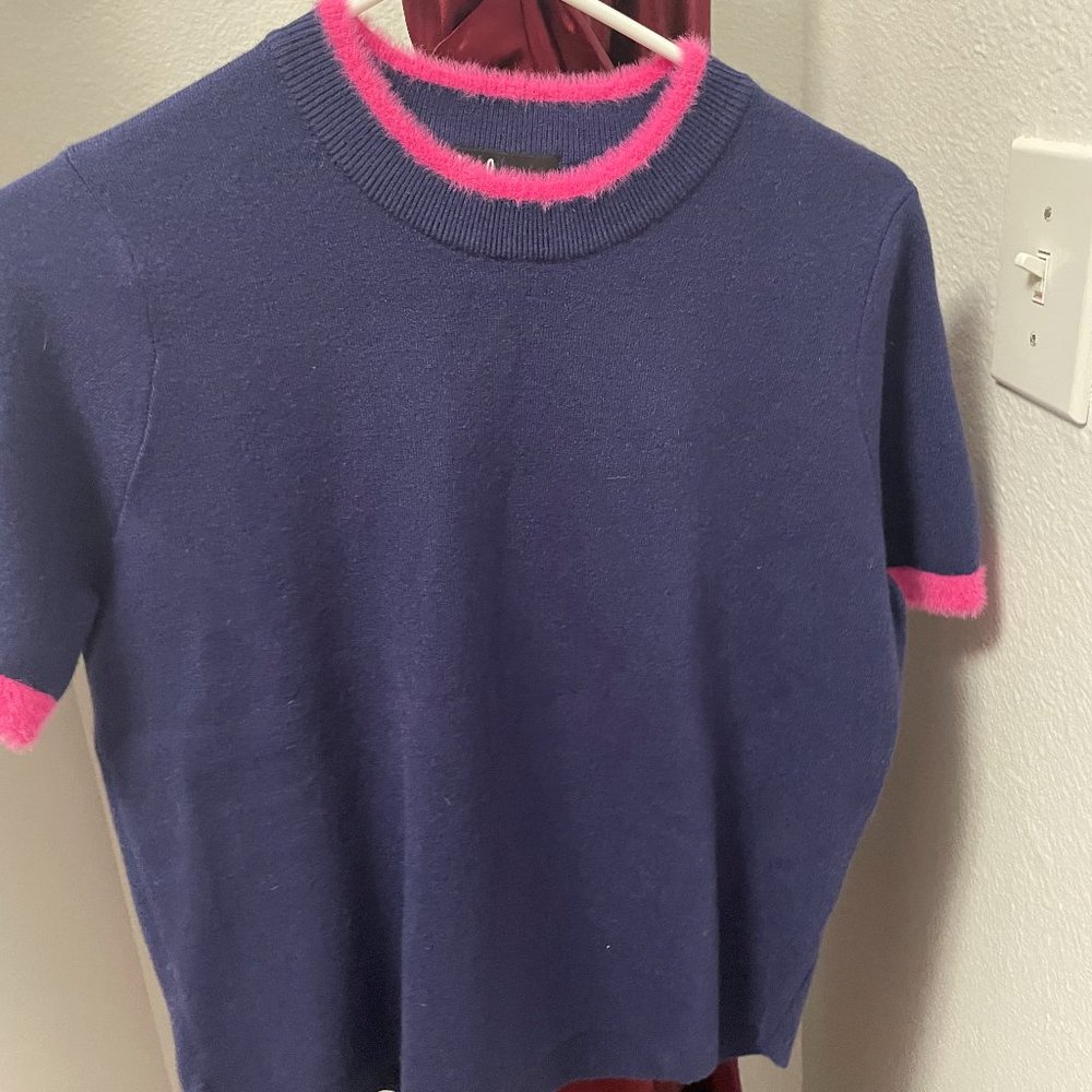Business Casual Blue Sweater with Pink Trim